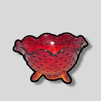 Vintage Amberina Ruffle Edge Hobnail Tri-Footed Candy Dish
