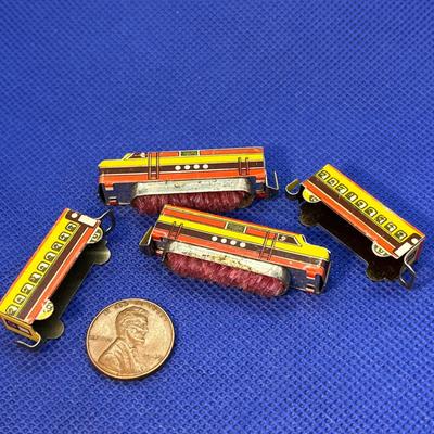 TINY TIN TOY TRAIN CARS x 4