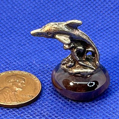 TINY PEWTER DOLPHIN ATOP GLASS BUTTON