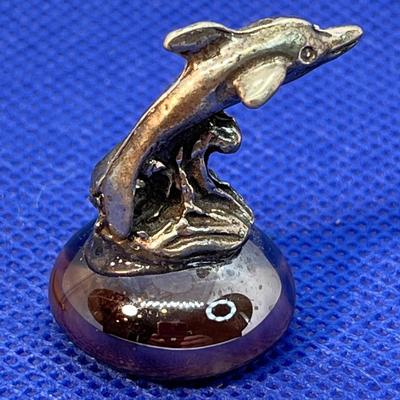 TINY PEWTER DOLPHIN ATOP GLASS BUTTON
