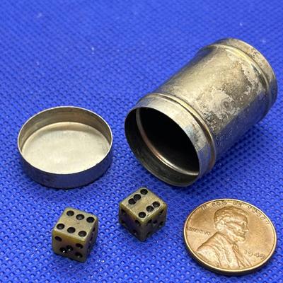 ANTIQUE MINI DICE IN METAL CONTAINER