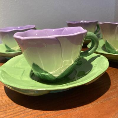 Four Russ Bernie hand painted flower teacups and saucers