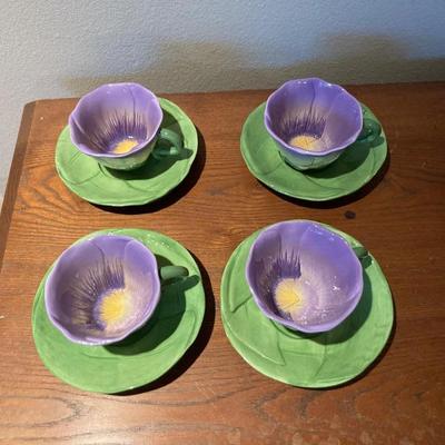Four Russ Bernie hand painted flower teacups and saucers