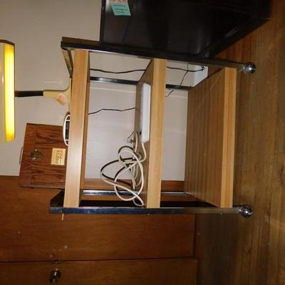 ROLLING CART, SATELLITE  ALARM CLOCK, DESK LAMP, FILE BOX AND POWESTRIP.