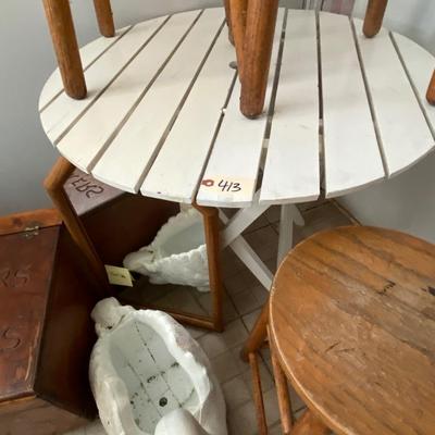 Bar stools, table lot bar stools, table folds, concrete planter tater bin as pictured