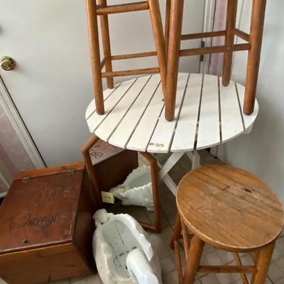 Bar stools, table lot bar stools, table folds, concrete planter tater bin as pictured