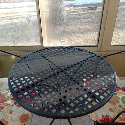 METAL PATIO TABLE AND TWO CHAIRS WITH SEAT CUSHIONS