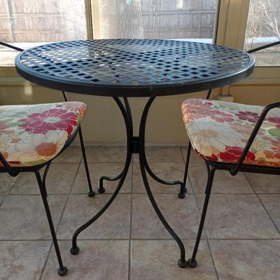 METAL PATIO TABLE AND TWO CHAIRS WITH SEAT CUSHIONS