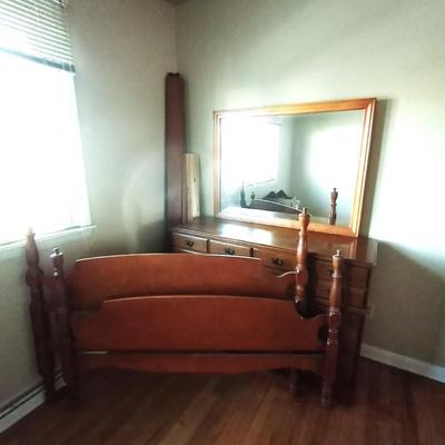 WOODEN BED FRAME AND SIX DRAWER DRESSER WITH MIRROR