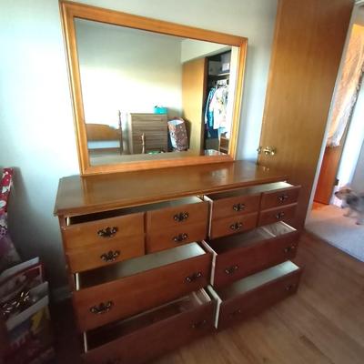 WOODEN BED FRAME AND SIX DRAWER DRESSER WITH MIRROR