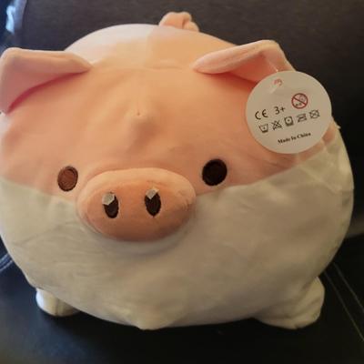 Stuffed pig with tags