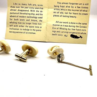 1672 Scrimshaw Artist AL DOUCETTE Bone Cuff Links and Tie Tack