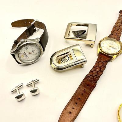 1694 Men's Jewelry Lot - Belt Buckle, Sterling Cuff Links, and Watch