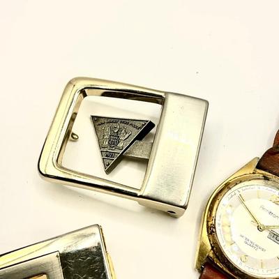 1694 Men's Jewelry Lot - Belt Buckle, Sterling Cuff Links, and Watch