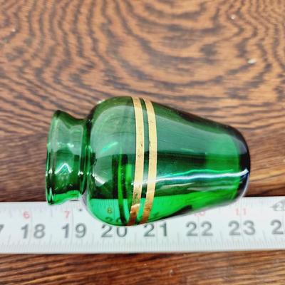 VINTAGE EMERALD GREEN W/ GOLD STRIPE GLASS VASE