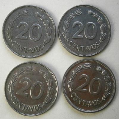 REPUBLICA DEL ECUADOR 1966, 1971, 1972 & 1975 20 Centavos Coins