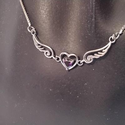 Unique Amethyst Heart With Wings 17" 925 Necklace