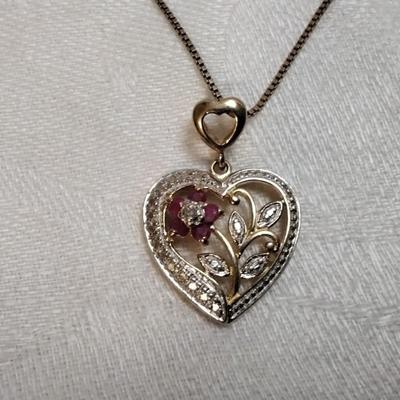 Vintage Ross Simons Diamond and Ruby Heart 18" Gold Vermeil Necklace