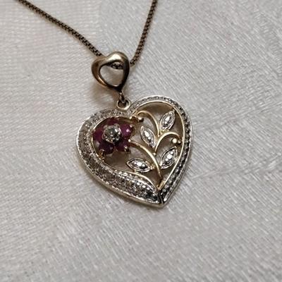 Vintage Ross Simons Diamond and Ruby Heart 18" Gold Vermeil Necklace