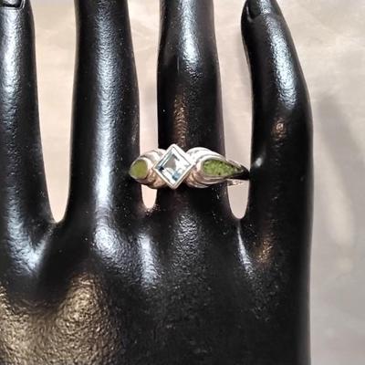 Navajo Rare Green Turquoise and Aquamarine 925 Ring Size 10