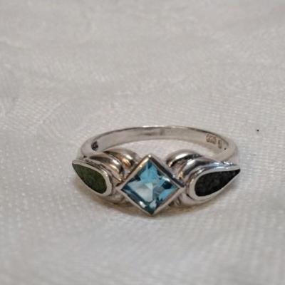 Navajo Rare Green Turquoise and Aquamarine 925 Ring Size 10