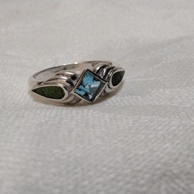Navajo Rare Green Turquoise and Aquamarine 925 Ring Size 10