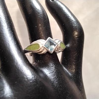 Navajo Rare Green Turquoise and Aquamarine 925 Ring Size 10