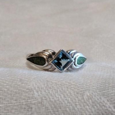 Navajo Rare Green Turquoise and Aquamarine 925 Ring Size 10