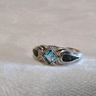 Navajo Rare Green Turquoise and Aquamarine 925 Ring Size 10