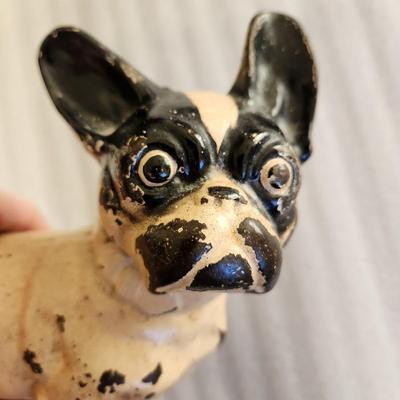 Vintage Cast Metal French Bulldog doorstop with small Heart shape stand
