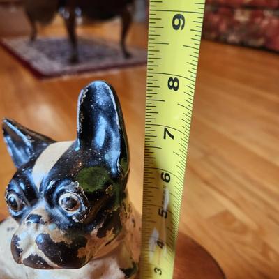 Vintage Cast Metal French Bulldog doorstop with small Heart shape stand