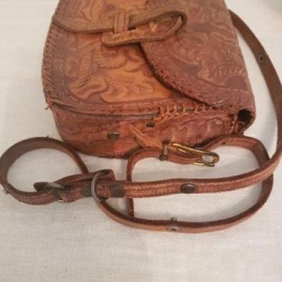Retro 70s tooled leather Hippie crossbody purse