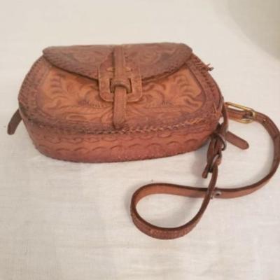Retro 70s tooled leather Hippie crossbody purse