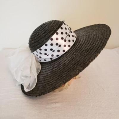 Women's black straw wide brim hat with polka dot ribbon & white organza bow
