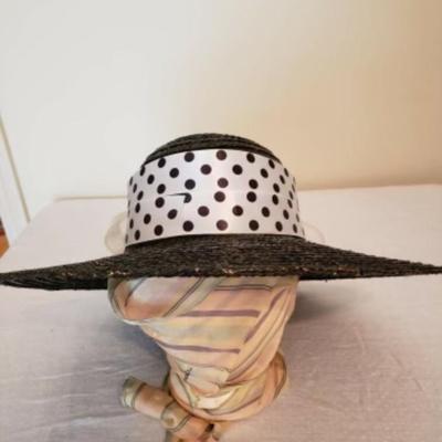 Women's black straw wide brim hat with polka dot ribbon & white organza bow