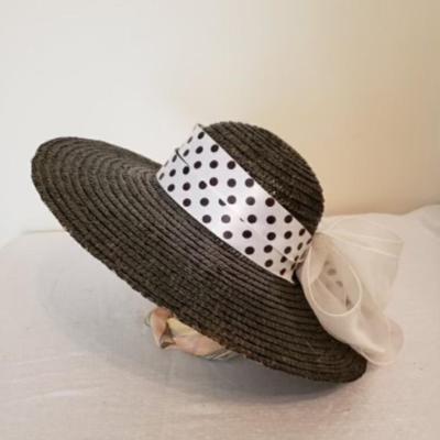 Women's black straw wide brim hat with polka dot ribbon & white organza bow