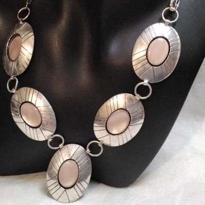 Vintage Zuni Pastel Pink Mother of Pearl 925 Adjustable Bib Necklace