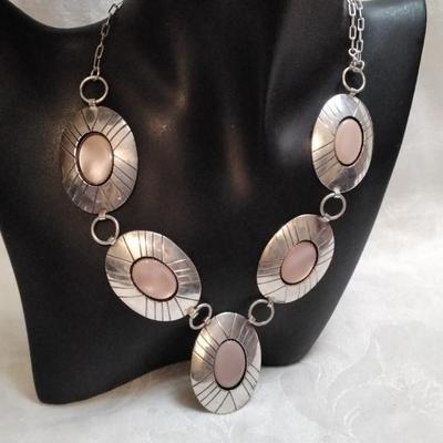 Vintage Zuni Pastel Pink Mother of Pearl 925 Adjustable Bib Necklace