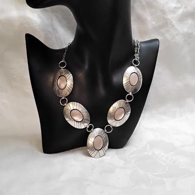 Vintage Zuni Pastel Pink Mother of Pearl 925 Adjustable Bib Necklace