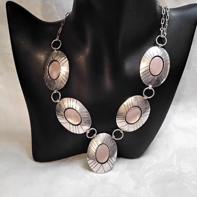 Vintage Zuni Pastel Pink Mother of Pearl 925 Adjustable Bib Necklace