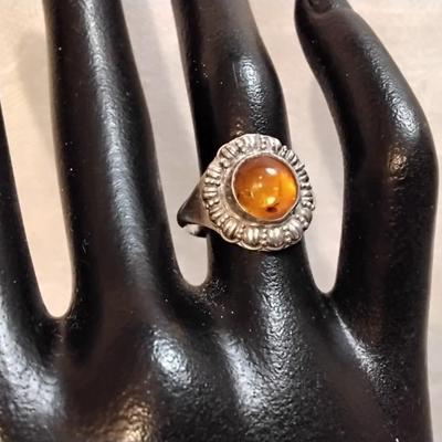 Stunning Honey Amber And Marcasite 925 Ring Size 6.5
