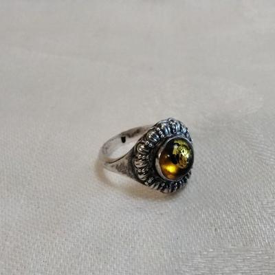Stunning Honey Amber And Marcasite 925 Ring Size 6.5