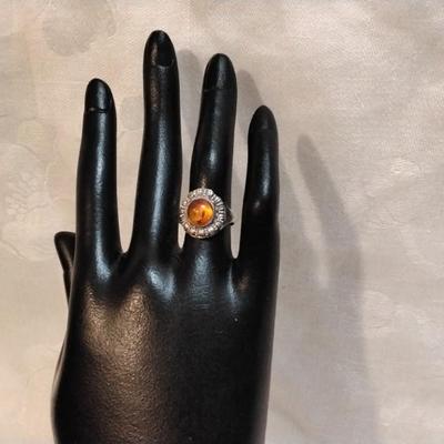 Stunning Honey Amber And Marcasite 925 Ring Size 6.5