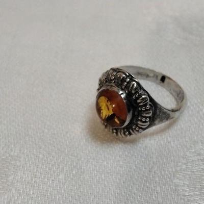 Stunning Honey Amber And Marcasite 925 Ring Size 6.5