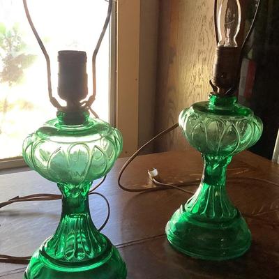 Green glass lamps converted to electric-can be converted to oil lamps