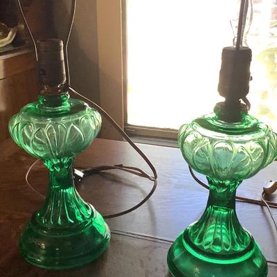 Green glass lamps converted to electric-can be converted to oil lamps