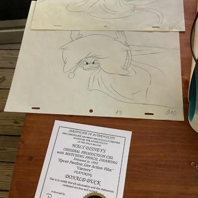 2 Donald Duck Production Cel with matching pencil drawings - 1982 â€œEpcot Pavilion Live Action Filmâ€ â€œCareersâ€ Certificate of...