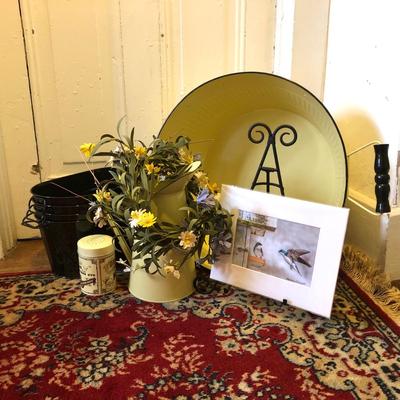 LOT 14M: Yellow Enamel Wash Tub & Pitcher, Faux Flower Crown, Signed Bird Photograph & More