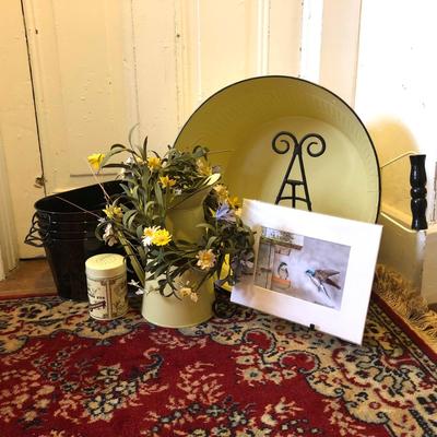 LOT 14M: Yellow Enamel Wash Tub & Pitcher, Faux Flower Crown, Signed Bird Photograph & More