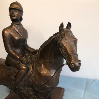 LOT 51M: Harleigh China Company Framed Ceramic Horses, Chesapeake Reproductions Bronze Horse Jockey Statue, Decorative Brass Hunting...